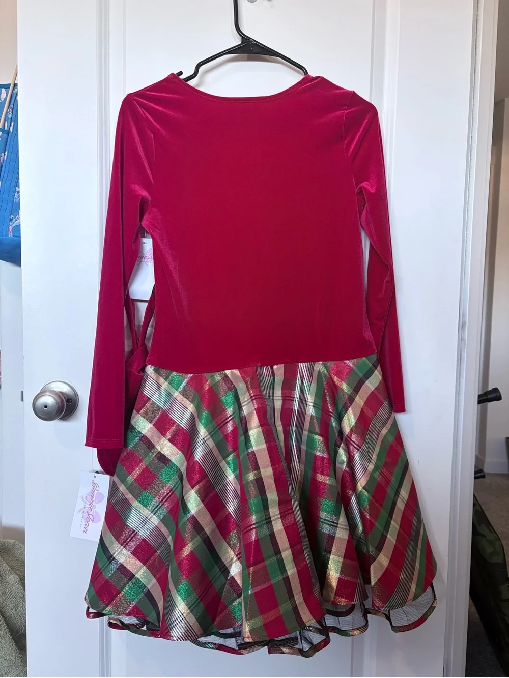 Bonnie Jean Red Velvet Top Plaid Skirt Dress with Gold Bow and bag